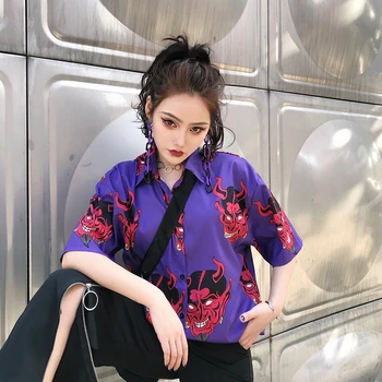 Harajuku Tričko blusas Žena ulzzang krátky rukáv ženy blúzka jar leto voľné gotický Diabol tlač blúzky kórejský dámske topy