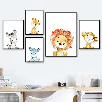 Roztomilý Kreslený Zvierat Žirafa, Lev, Opica Dekoratívne Maľby detskej Izby, Spálne, Plátno, Maľovanie Detská Izba Decor Plagát