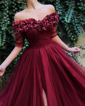 Burgundsko 3D Kvet Večerné Šaty Dlhé 2020 Štrbinou Loď Krku Polovicu Rukáv Kvet dolný lem Party Šaty Elegantné Formálne Šaty Pre Ženy