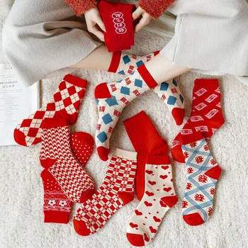 Móda Červené dámske Ponožky Koberčeky Pruhované Ponožky Jeseň Zima Pohodlné Harajuku Retro Dlhé Ponožky Slávnostné Rok Čínskeho Kvality