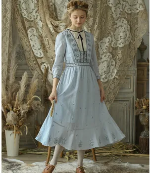 Originálny Dizajn Jar Leto Modrá Bavlna Ramie Midi Šaty Žien Victoria Vintage Elegantné Mori Dievčatá Výšivky Dlhé Šaty