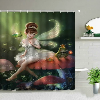 Krásne Elfovia Dievča Karikatúry Sprchový Záves Fantasy Lesa Sexy Žena, Kúpeľňa Decor Húb Kvetinové Pozadie Zavesenie Záclon