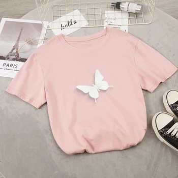 Letné Bavlnené Tričko Ženy Motýľ Harajuku Grafické T-shirt Estetické Ženské Sám Tričko Sladký kórejský Štýl Streetwear