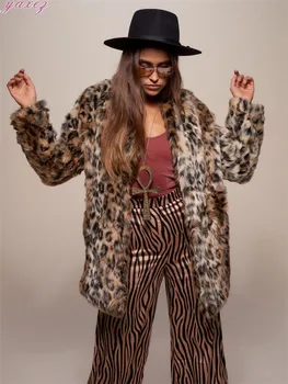 Hrubé Plyšové Leopard Tlač Umelé Kožušiny Kabát Ženy Dlho Príležitostné Voľné Vrchné Oblečenie Zimné Kabáty Umelú Kožušinu Bunda Plus Veľkosť Kabát