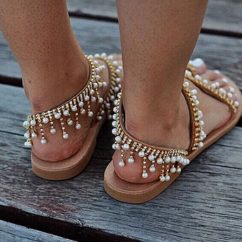 Ženy letné sandále ploché pearl sandále, žabky ríme topánky string perličiek papuče mujer gladiator sandalias sapatos femininos