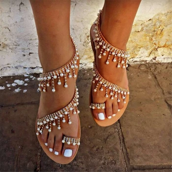 Ženy letné sandále ploché pearl sandále, žabky ríme topánky string perličiek papuče mujer gladiator sandalias sapatos femininos