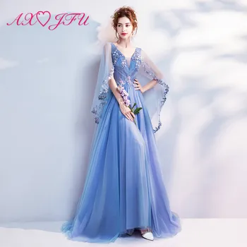 AXJFU princezná Modrá čipky Nevesta vintage večerné Šaty luxus v krku lištovanie kvet Večera ilúzie Večerné Šaty 1857