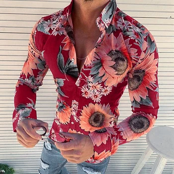 Muži Lumbálna Tričko S Dlhým Rukávom Jeseň Kvetinový Bežné Dovolenku Košele Tee Topy Muž Beach Oblečenie Tričko