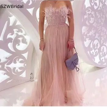 Nový Príchod Ružové šaty žien Večerné šaty Abaya dubaj abendhttpder 2021 Lištovanie s pierko Lacné Večerné šaty