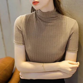 Dámske jednofarebné slim vysoká krku krátky rukáv šifón tričko 2020
