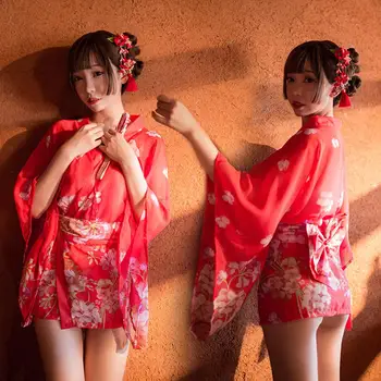 MISSKY Ženy Sexy Retro Japonskom Štýle Vidieť Cez Čipky Šifón Tlač Kimono + Opasok +T Nohavice