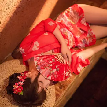 MISSKY Ženy Sexy Retro Japonskom Štýle Vidieť Cez Čipky Šifón Tlač Kimono + Opasok +T Nohavice