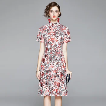 2020 Lete Ženy Móda Bežné Elegantné Vintage Šaty Plus Veľkosť Krátke Sleeve Stand Golier Kvetinový Koleno Šaty Office Lady Šaty