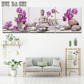 Plátno Obrázky 3 Kusy Zen Socha Budhu purpurovej Orchidey Obrazy Izba Wall Art Rámec HD Vytlačí Domova Kvet Plagát