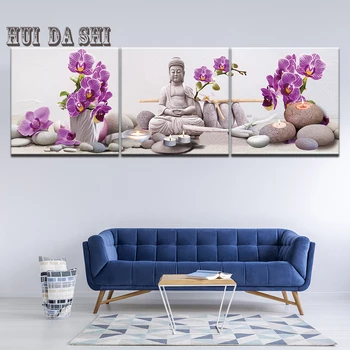 Plátno Obrázky 3 Kusy Zen Socha Budhu purpurovej Orchidey Obrazy Izba Wall Art Rámec HD Vytlačí Domova Kvet Plagát