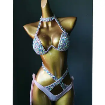 2021 Letnú Dovolenku Drahokamu Plávanie Oblek Sexy Ženy, Plavky S Uväzovaním Za Diamant Bikini Set Bling Kameň Drôt Zdarma Unpadded Podprsenka