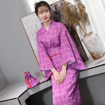 Fialová Koberčeky Klasické Japonské Vintage Lady Kimono Ženy Vytlačené Kvety Formálne Šaty Žena Fáze Show Yukata японская одежда