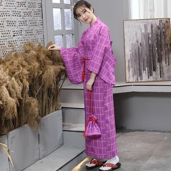 Fialová Koberčeky Klasické Japonské Vintage Lady Kimono Ženy Vytlačené Kvety Formálne Šaty Žena Fáze Show Yukata японская одежда