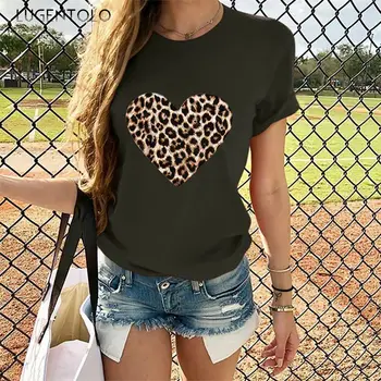 Ženy T-shirt Lete Leopard Lásku Tlač Top Príležitostné O-krku Krátke Sleeve Tee Pevné Lady Módne T-shirts Lugentolo