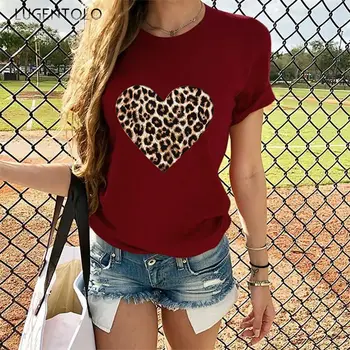 Ženy T-shirt Lete Leopard Lásku Tlač Top Príležitostné O-krku Krátke Sleeve Tee Pevné Lady Módne T-shirts Lugentolo