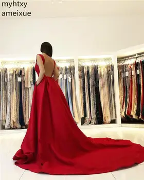 2020 Sexy Lacné Červené Lopatka Backless Dĺžka Podlahy Súd Vlak Kvalitný Satén Skladaný Plus Veľkosť Večerné Šaty Šaty Pre Ženy