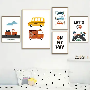 Deti Izba Dekor Maľovanie Cartoon Vlak, Auto, Autobus, Plagát a Tlač Dieťaťa v materskej Wall Art Obrázok pre Obývacia Izba Mš