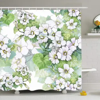 Sprchový Záves Set s Háčikmi 60x72 List Abstrakt Lístie Letnej Záhrade Kvitnúce Rastliny Akvarel Romantické Kvety Textúry