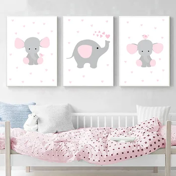 Cartoon Plátno Maľovaní Plagátov Vytlačí Cute Elephant Škôlky Umenie Plagátu Ružová Nordic Plagáty A Vytlačí Baby Girl Izba Dekor