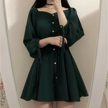 2021 Jar Dlhý Rukáv Sladké tvaru Šaty Linky Šaty Ženy Móda kórejský Štýl Party Mini Tlačidlo Vintage Šaty 9819