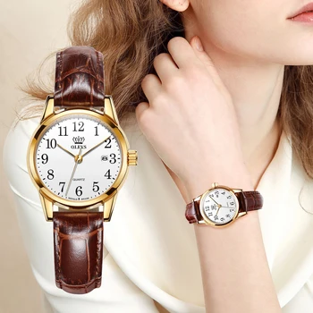 OLEVS-5566 Dámske Hodinky Kvalifikovaný Značky Módnych Bežné Luxusné Šaty Skutočné Hnedé Kožené Nepremokavé Náramkové hodinky