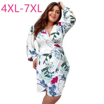 Nová jar, jeseň plus veľkosť šaty pre ženy, veľký, dlhý rukáv voľné biely kvetinový tlač hlboko v krku šaty pás 4XL 5XL 6XL 7XL