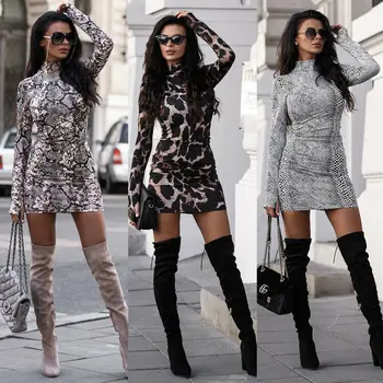 Nový Ženy Sexy Šaty S Dlhým Rukávom Leopard, Had Tlač Koktail Bodycon Strany Clubwear Mini Šaty