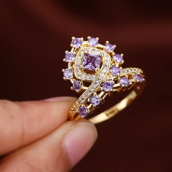Kúzlo Ženy Fialová Crystal Kameň Šperky Vintage Zlatá Farba Snubné Prstene Pre Ženy, Luxusné Koruny Zirkón Zapojenie Veľký Kruh