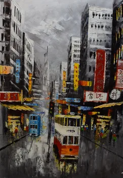 Ručne Maľované Plátno Nôž olejomaľba Abstraktné HongKong Električky Ulici Plátno na Maľovanie na Stenu Umenie Obrázok Maľovanie na Obývacia IZBA