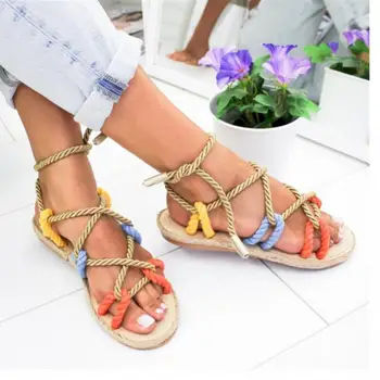 2020 Ženy Sandále Dámske Letné Topánky Prst Členok Duté Sandále Vintage Konopné Lano Ploché Sandále Sandalias Letné Topánky Veľkosť 43
