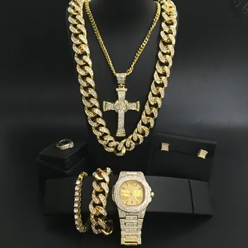Luxusné Mužov zlaté hodinky Hip Hop Hodinky & Náhrdelník & Prívesok & Náramok &krúžok & Náušnice Kombinovaný Set Ľadu Z Kubánskej Šperky Set Pre Mužov