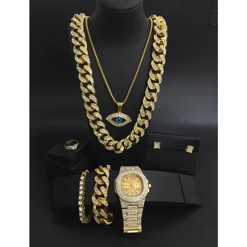Luxusné Mužov zlaté hodinky Hip Hop Hodinky & Náhrdelník & Prívesok & Náramok &krúžok & Náušnice Kombinovaný Set Ľadu Z Kubánskej Šperky Set Pre Mužov