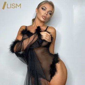 LISM Sexy Vidieť-Cez Bodycon Kombinézu Umelú Kožušinu Oka Von Ženy z Jedného Kusu Masívneho Šaty bez Rukávov Patchwork Perie Remienky