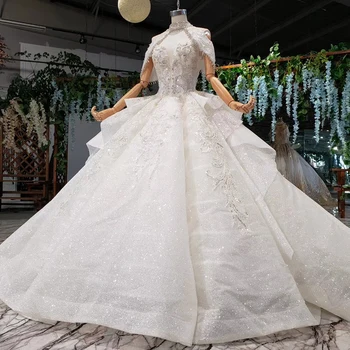HTL978 svadobné šaty 2020 vysoká krku nášivka crystal pearl čipky vzadu luxusné padlých rukáv svadobné šaty свадебное платье nové