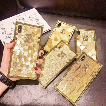 Luxusné Námestie Gold Glitter Horúce 3D Telefón puzdro Pre iPhone, 11Pro, MAX XS MAX XR 6 7 8 Plus pre Samsung POZNÁMKU 10 S10 Zlaté Mäkké Pokrytie