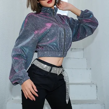 21 jar nový hip-hop dámskej módy osobnosti úniku brucho tlačidlo kovový farba voľné dlhý rukáv vysoký golier, krátke sako