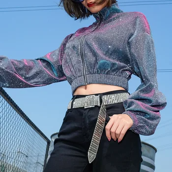 21 jar nový hip-hop dámskej módy osobnosti úniku brucho tlačidlo kovový farba voľné dlhý rukáv vysoký golier, krátke sako