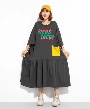 T Shirt Dress Ženy Plus Veľkosť Lete Roku 2020 Dlho Príležitostné Voľné Šaty Midi Farby Blok Vrecko List Tlač Patchwork Skladaný Lem