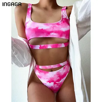 INGAGA Vysoký Pás Dvojdielnych Plaviek Vystrihnúť Plavky Ženy High Cut Bikini Set 2021 Biquini Gradient Kúpajúcich plavky Ženy