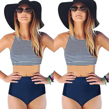 Ženy Vysoký Pás Dvoch-Dielny Stripe Bikini Nastavuje bez Rukávov Letné Beach Dámy Spa Plavky, plavky pre Ženy Oblečenie