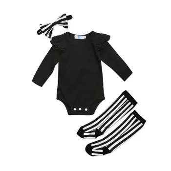 Batoľa Detská Dievča Šaty Hore Romper+Pruhované Ponožky+hlavový most 3ks Oblečenia Nastaviť Dieťa Bavlna Farby