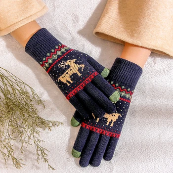 Vintage Vianočné Jeleň Pletené Rukavice Ženy Zahustiť Dotykový Displej Rukavice Zimné Teplý Sneh Elk Plný Prst Palčiaky Vianočný Darček
