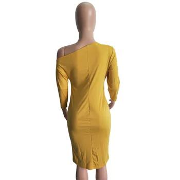 Jeseň Ženy Žlté Šaty S Dlhým Rukávom Tenký Lomka Krku Hip Bodycon Farbou Koleno Dĺžke Ceruzky Šaty Afriky Oblečenie 2020
