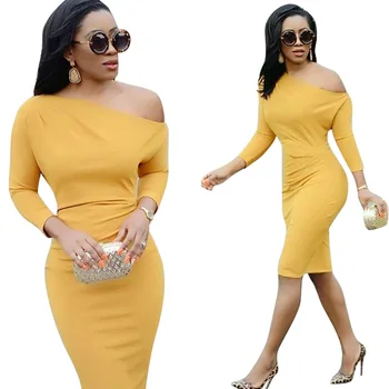 Jeseň Ženy Žlté Šaty S Dlhým Rukávom Tenký Lomka Krku Hip Bodycon Farbou Koleno Dĺžke Ceruzky Šaty Afriky Oblečenie 2020