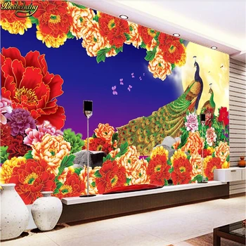 Beibehang Vlastné Foto Tapety nástenná maľba Kvet Páva Kvet Obrázok Full Moon Dekoratívne Maľby, TV joj, abstraktných de parede